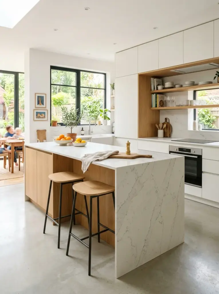 Photorealistic minimalist kitchen with waterfall quartz island featuring hidden storage on both sides, seamless cabinetry, integrated seating, neatly made, beautifully arranged, organized, clean, bright natural light from surrounding windows, vibrant colors, authentic family home, Pinterest-ready interior photography, premium lifestyle stock photo