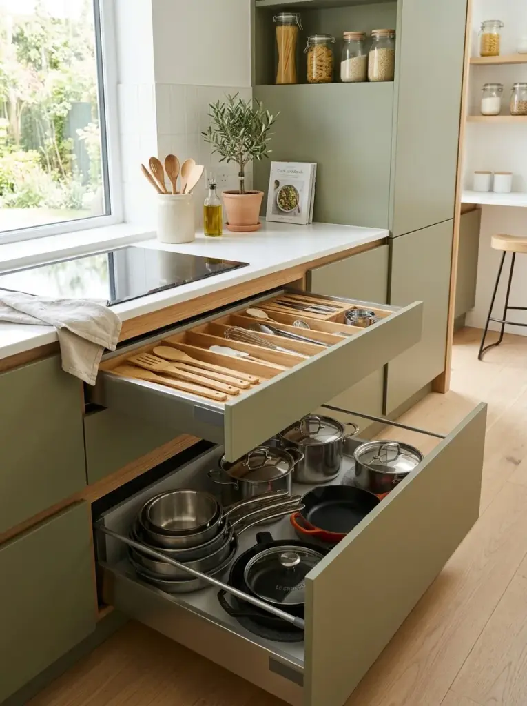 Real-life minimalist kitchen with deep full-extension drawers neatly organizing cookware and kitchen tools, flat-panel cabinets, neatly made, beautifully arranged, organized, clean, bright natural light, vibrant colors, realistic modern family kitchen, Pinterest-inspired interior photography, highly detailed stock photo