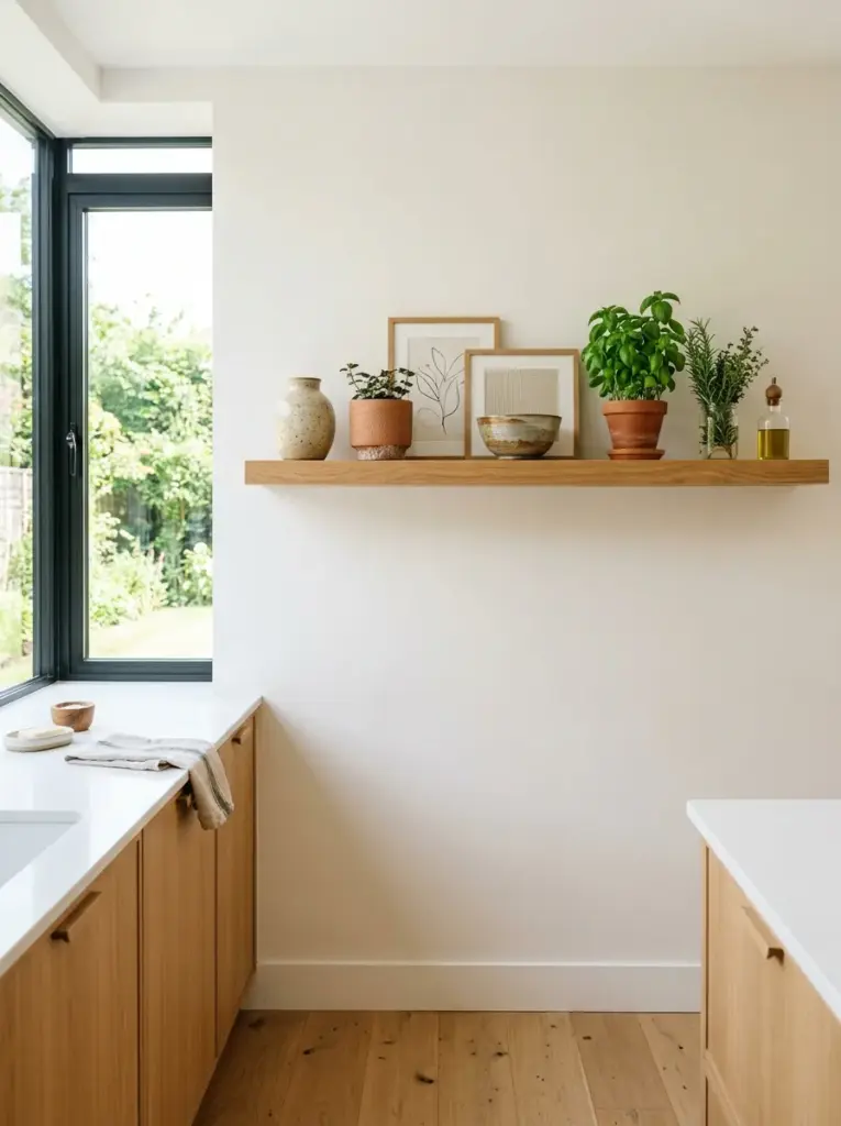 Minimalist kitchen with a single floating wooden shelf displaying ceramic pottery, fresh herbs, and framed artwork, uncluttered styling, neatly made, beautifully arranged, organized, clean, bright natural light from nearby window, vibrant natural colors, realistic home photography, Pinterest-worthy stock image