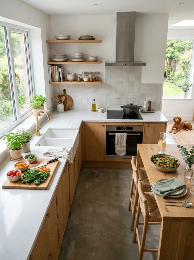 Photorealistic minimalist kitchen with clearly separated prep zone and serving area, organized cooking workflow, spacious counters, neatly made, beautifully arranged, organized, clean, bright natural light flowing across work surfaces, vibrant colors, authentic residential kitchen, Pinterest-ready lifestyle photography