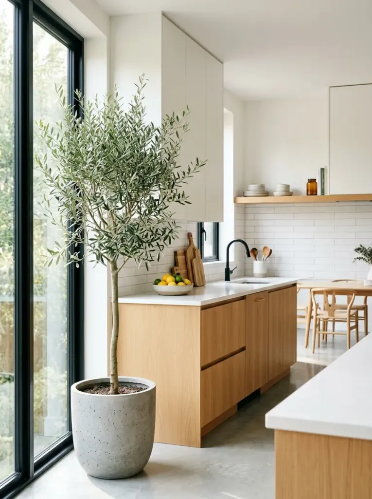 Real-life minimalist kitchen with one large indoor olive tree beside a bright window, clean modern cabinetry, open airy layout, neatly made, beautifully arranged, organized, clean, bright natural light highlighting lush green leaves, vibrant colors, Pinterest-ready interior photography, premium realistic stock photo