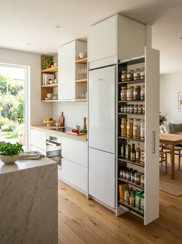 Photorealistic minimalist kitchen with slim pull-out pantry beside integrated refrigerator, neatly organized food storage, flat-panel cabinetry, neatly made, beautifully arranged, organized, clean, bright natural light, vibrant colors, realistic family home, Pinterest-ready interior photography, premium lifestyle stock photo
