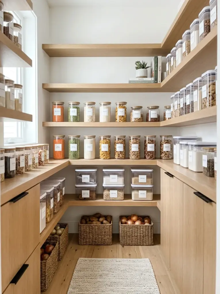 Real-life minimalist kitchen pantry with matching transparent storage containers, simple labels, organized shelves, modern cabinetry, neatly made, beautifully arranged, organized, clean, bright natural light, vibrant colors, authentic home environment, Pinterest-worthy interior photography, highly detailed stock photo