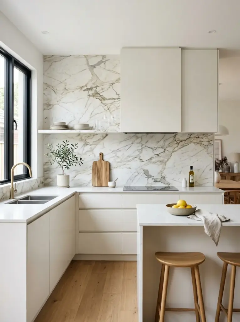 Photorealistic minimalist kitchen featuring one elegant full-height natural stone backsplash, seamless cabinetry, uncluttered quartz countertop, neatly made, beautifully arranged, organized, clean, bright natural light emphasizing the stone texture, vibrant yet sophisticated colors, realistic family home, Pinterest-ready interior photography, premium stock photo