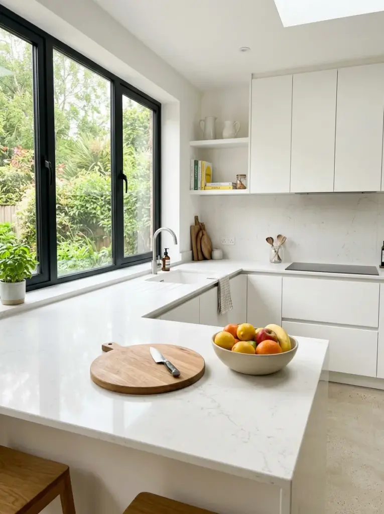 Real-life minimalist kitchen with one large uninterrupted quartz countertop, single wooden cutting board and ceramic fruit bowl, hidden storage, neatly made, beautifully arranged, organized, clean, bright natural light from large side window, vibrant fresh colors, realistic home photography, inviting family kitchen, Pinterest-ready, high resolution stock photo