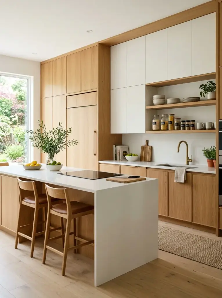 Modern kitchen with full-height floor-to-ceiling flat cabinets, concealed storage, integrated refrigerator, warm oak and soft white palette, neatly made, beautifully arranged, organized, clean, bright natural light, vibrant neutral tones, real residential home, Pinterest aesthetic, realistic interior photography, ultra sharp details