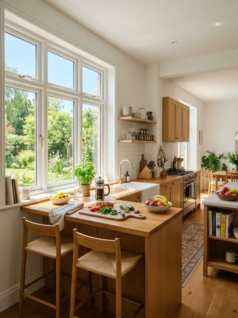 Bright minimalist kitchen with prep counter positioned beside large window, sunlight flowing across countertop, open layout, soft natural shadows, neatly made, beautifully arranged, organized, clean, bright natural light, vibrant colors, realistic lived-in home, Pinterest-ready interior photography, premium stock photo, highly detailed