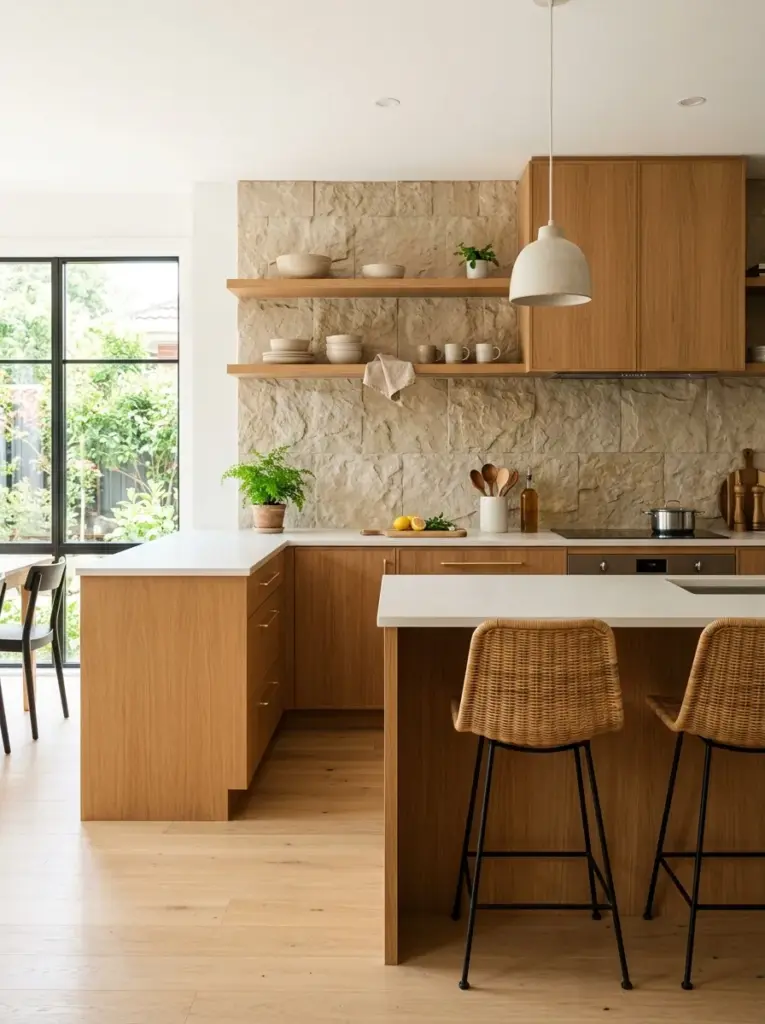 Minimalist kitchen featuring warm oak cabinets, textured natural stone backsplash, woven counter stools, subtle organic materials, neatly made, beautifully arranged, organized, clean, bright natural light, vibrant earthy colors, authentic family home, Pinterest-inspired realistic stock photography, premium interior design photo