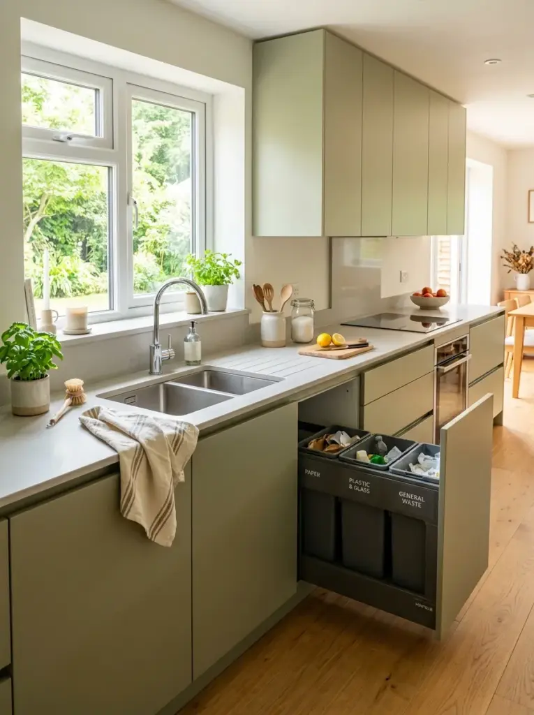 Photorealistic minimalist kitchen with pull-out recycling cabinet beside sink, hidden waste sorting system, seamless cabinetry, neatly made, beautifully arranged, organized, clean, bright natural light from window above sink, vibrant colors, realistic family home, Pinterest-ready interior photography, premium lifestyle stock photo, highly detailed