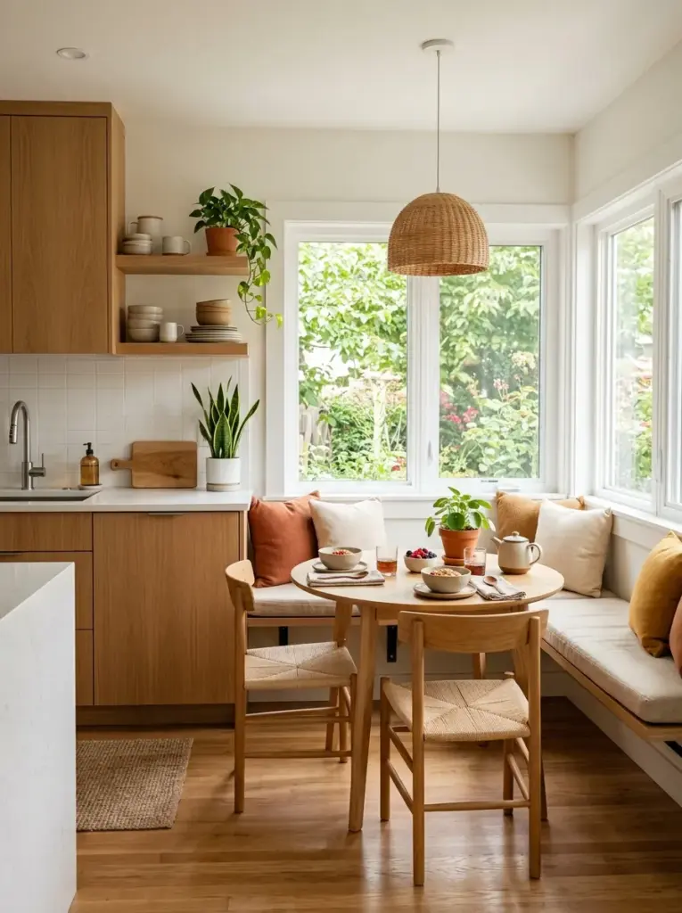 Real-life minimalist kitchen with compact breakfast nook, floating wooden bench with hidden storage, small round dining table, soft neutral palette, neatly made, beautifully arranged, organized, clean, bright natural light from nearby corner windows, vibrant warm tones, Pinterest-worthy home photography, realistic lifestyle stock photo
