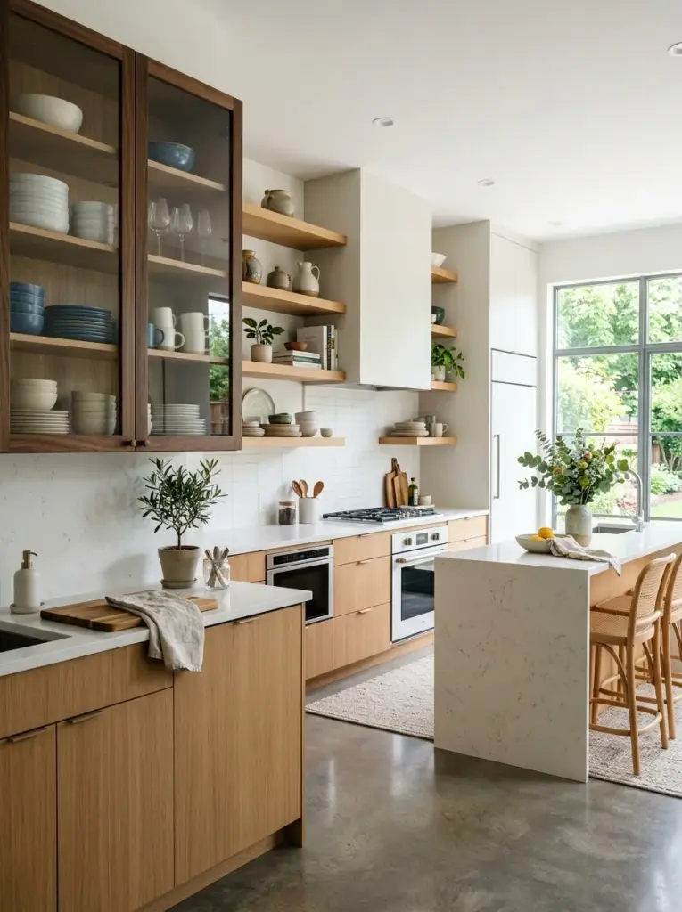 Modern minimalist kitchen with elegant glass-front cabinets displaying coordinated ceramic dishes, uncluttered shelving, neatly made, beautifully arranged, organized, clean, bright natural light, vibrant yet balanced colors, realistic residential interior, Pinterest-ready stock photography, ultra detailed
