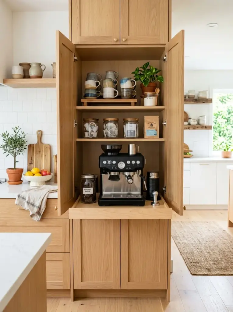 Photorealistic minimalist kitchen with hidden coffee station inside cabinet, pull-out shelf, organized mugs and coffee supplies, neatly made, beautifully arranged, organized, clean, bright natural light, vibrant colors, authentic lived-in home, Pinterest aesthetic, premium interior lifestyle photography
