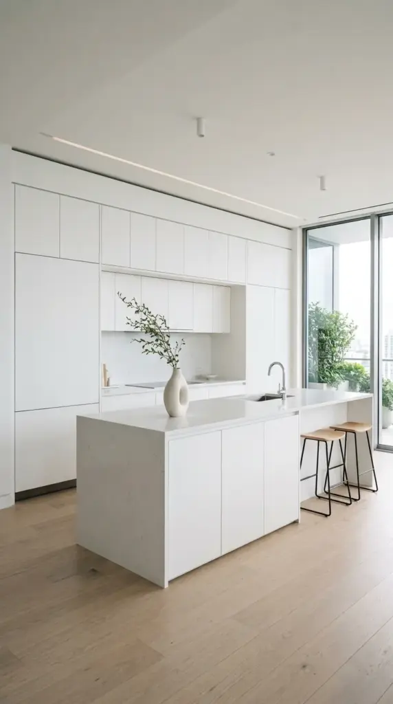 A spacious white modern kitchen with sleek slab cabinets, bright quartz countertops, oversized waterfall island, matte black faucet, black metal pendant lights, black-framed windows, minimalist black bar stools, subtle wood accents, herringbone oak flooring, crisp natural lighting, clean architectural styling, magazine-quality interior photography, photorealistic, no people, no logos.
