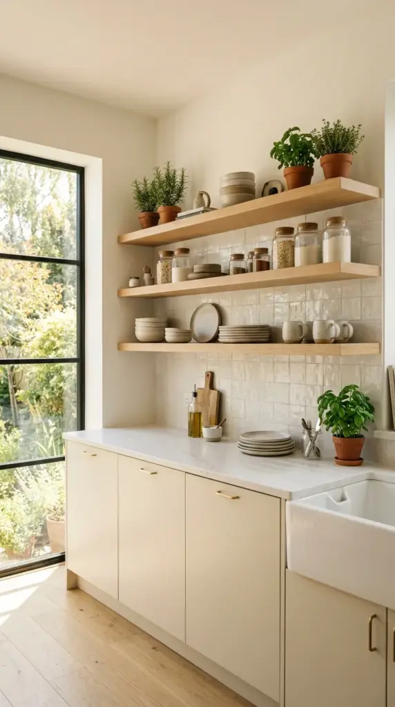 A Scandinavian-inspired modern kitchen featuring pale ash wood cabinetry, simple white countertops, floating oak shelves, soft gray backsplash, minimalist dining nook with light wood furniture, linen textiles, abundant daylight through floor-to-ceiling windows, warm neutral palette, uncluttered styling, fresh herbs on the countertop, editorial home magazine photography, realistic materials, cozy yet refined, no people.