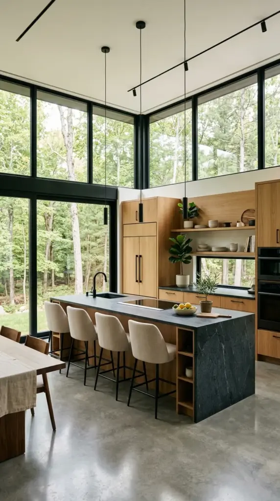 A luxurious modern kitchen centered around an oversized waterfall island crafted from dramatic Calacatta marble, sleek white cabinetry with integrated appliances, hidden storage, brushed brass fixtures, oversized globe pendant lights, floor-to-ceiling glass doors overlooking a landscaped backyard, polished oak flooring, minimalist decor, elegant editorial photography, photorealistic, highly detailed surfaces, no people, no text.