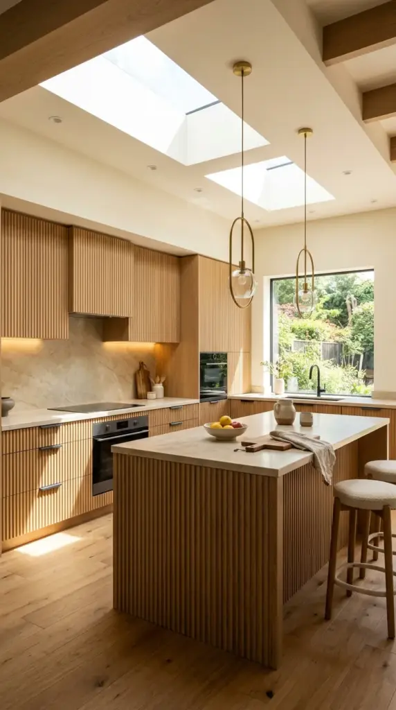 A stylish modern kitchen showcasing vertical fluted white oak cabinet fronts, smooth stone countertops, minimalist integrated hardware, soft cream walls, oversized island with matching fluted wood panels, warm LED lighting beneath cabinetry, sculptural pendant lights, natural sunlight entering from skylights, premium residential interior photography, elegant contemporary atmosphere, realistic textures, no people.