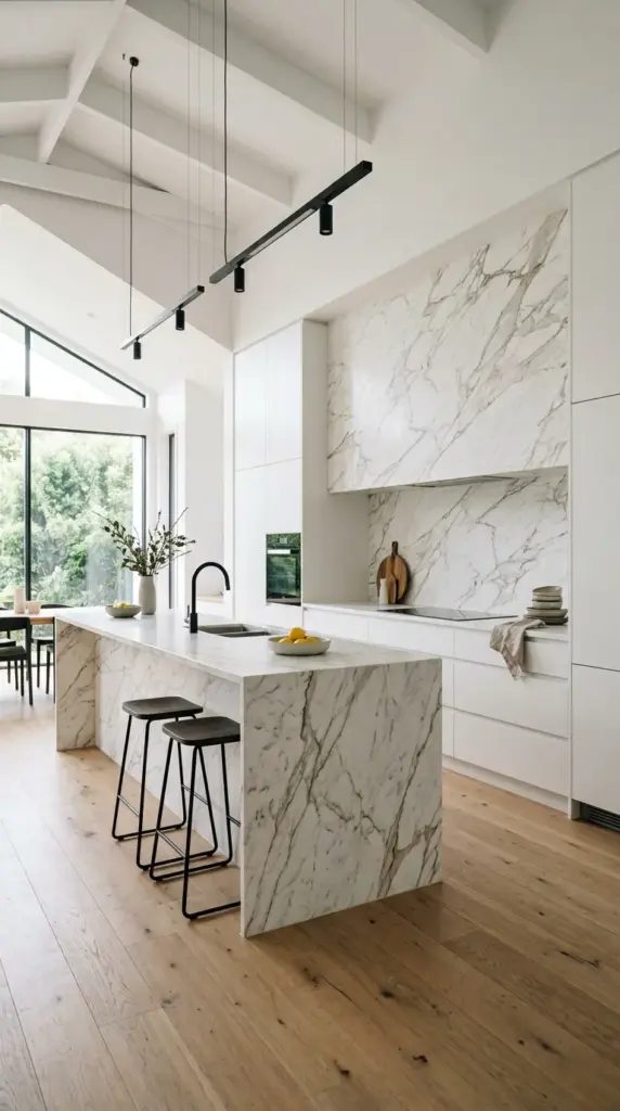 A contemporary kitchen featuring muted sage green flat-panel cabinets, brushed brass handles, creamy quartz countertops, white handcrafted tile backsplash, light oak flooring, oversized kitchen island with waterfall edge, warm globe pendant lights, fresh eucalyptus in ceramic vases, balanced natural lighting, editorial interior design photography, photorealistic finishes, sophisticated yet welcoming, no people.