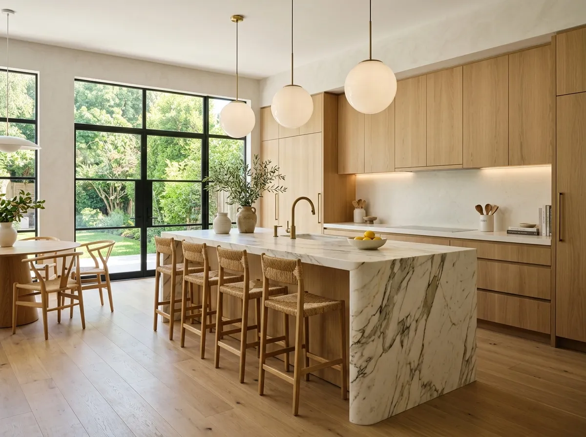 A stunning luxury modern kitchen designed for a high-end interior design magazine cover, featuring a spacious open layout with full-height warm white oak slab cabinetry, a large waterfall Calacatta marble island with rounded corners, creamy white quartz countertops, integrated appliances hidden behind seamless panels, oversized sculptural globe pendant lights, floor-to-ceiling black-framed windows overlooking a lush green backyard, wide-plank light oak flooring, subtle under-cabinet LED lighting, textured plaster walls, handcrafted ceramic vases with olive branches, elegant bar stools with woven seats, soft morning sunlight filling the room, warm neutral color palette of white, oak, beige, and natural stone, minimalist styling with premium finishes, ultra-realistic architectural photography, editorial home magazine quality,