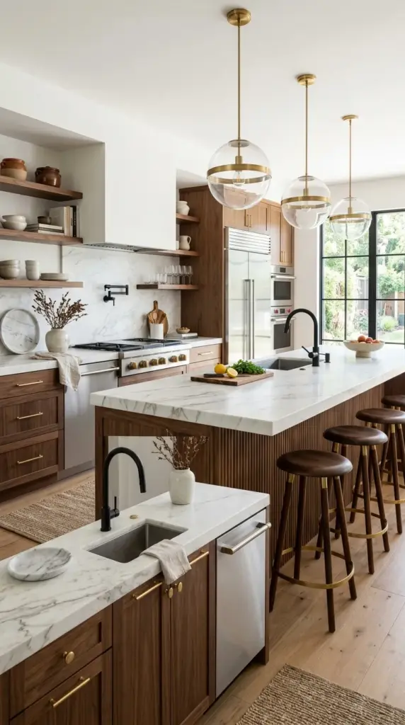 A luxury modern kitchen with seamless white slab cabinetry, dramatic full-height marble backsplash extending from countertop to ceiling with elegant gray veining, matching marble waterfall island, integrated appliances, slim black lighting fixtures, wide oak flooring, clean minimalist styling, soft natural daylight, architectural digest quality photography, highly realistic materials, no people, no branding.