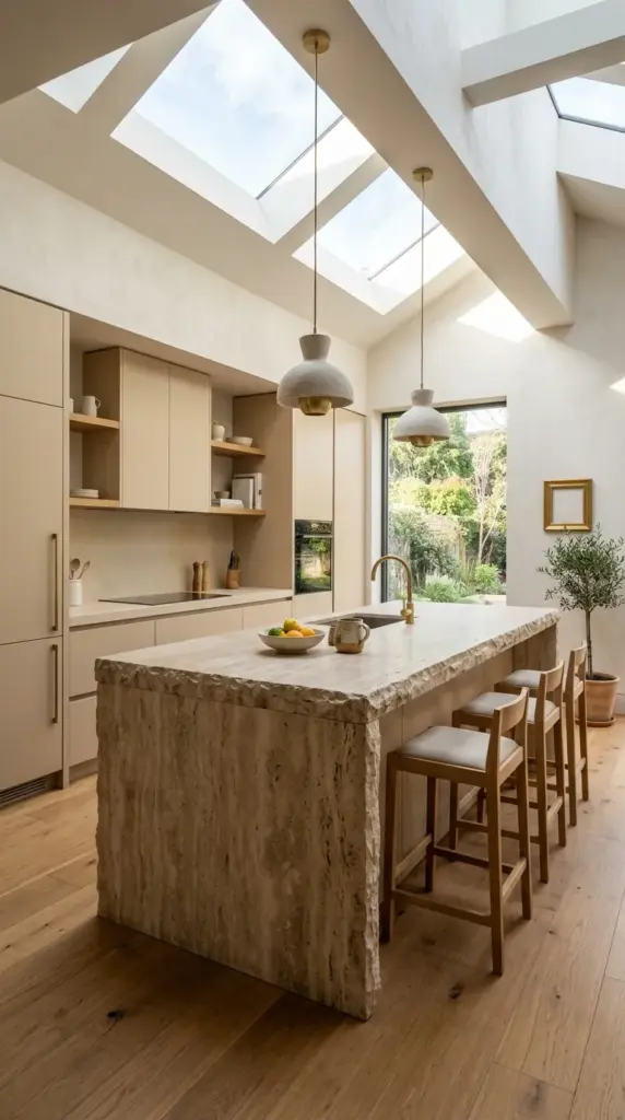 A sleek minimalist modern kitchen with floor-to-ceiling white slab cabinetry concealing the refrigerator, pantry, and built-in ovens behind seamless panels, handleless cabinets, a slim white quartz island, recessed ceiling lighting, pale oak flooring, a single sculptural vase on the countertop, soft morning daylight, ultra-clean architectural styling, luxury editorial interior photography, highly realistic materials, no people, no text, no watermark.