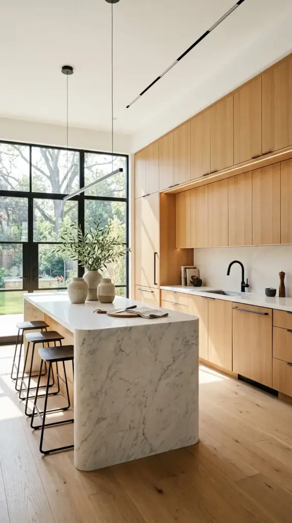 A bright modern kitchen featuring upper cabinets in crisp matte white and lower cabinets in rich walnut wood, a matching walnut kitchen island with a white quartz waterfall countertop, brushed brass fixtures, oversized glass pendants, light oak flooring, fresh greenery, large windows bringing in natural sunlight, sophisticated editorial photography, photorealistic, warm contemporary atmosphere, no people.