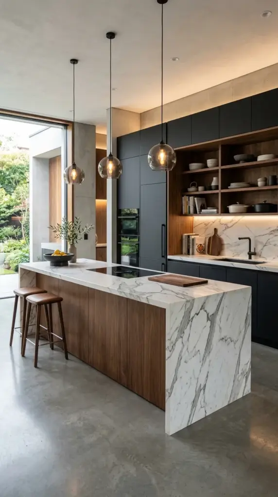 A luxury modern kitchen wrapped in expansive floor-to-ceiling windows overlooking a peaceful wooded landscape, warm oak cabinetry, oversized stone island, minimalist black fixtures, polished concrete flooring, soft linen dining chairs, abundant natural light, subtle indoor plants, clean architectural lines, premium residential photography, ultra realistic, no people or text.