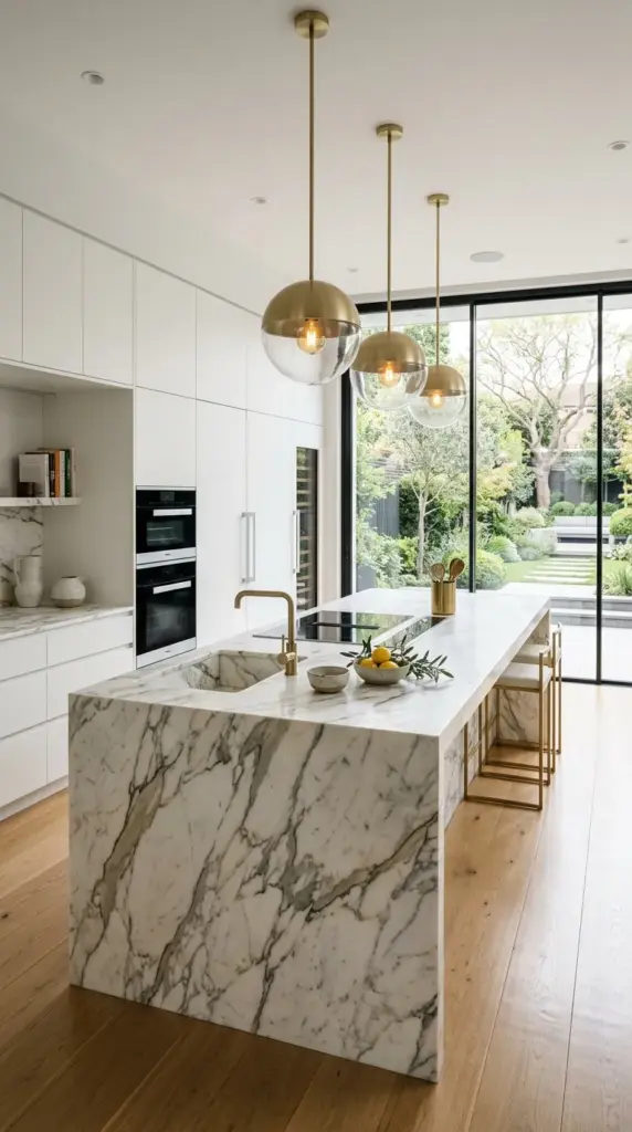 A contemporary kitchen centered around three oversized sculptural pendant lights above a large waterfall island, matte white cabinetry, light gray quartz countertops, integrated appliances, warm oak accents, textured plaster walls, elegant bar stools, layered ambient lighting, editorial home magazine photography, luxurious yet comfortable, photorealistic, no people.