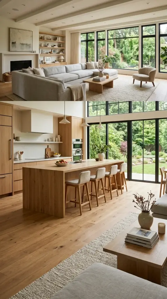 A compact modern kitchen maximizing every inch with ceiling-height cabinetry, slim pull-out pantry storage, integrated appliances, a narrow waterfall peninsula replacing a traditional island, white and light oak finishes, reflective backsplash, hidden under-cabinet lighting, bright natural daylight, clean uncluttered styling, realistic interior photography, designed for urban living, no people.