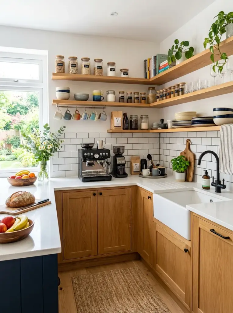 Photorealistic modern family kitchen with open wooden shelves divided into clear functional zones, breakfast station with cereal jars and mugs, coffee corner with espresso machine, everyday plates near sink, neatly made, beautifully arranged, organized, clean, bright natural light entering from large side window, vibrant colors, authentic lived-in home, Pinterest style, professional stock photography, ultra realistic, no people, 8k