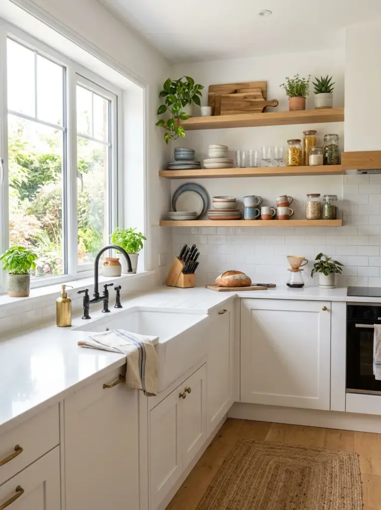 Real-life contemporary kitchen with white lower cabinets and natural oak open shelves above, ceramic dinnerware, drinking glasses, small plants, neatly made, beautifully arranged, organized, clean, bright natural light from wide kitchen window illuminating upper shelves, vibrant colors, cozy family home, Pinterest-ready stock photography, ultra realistic, high detail