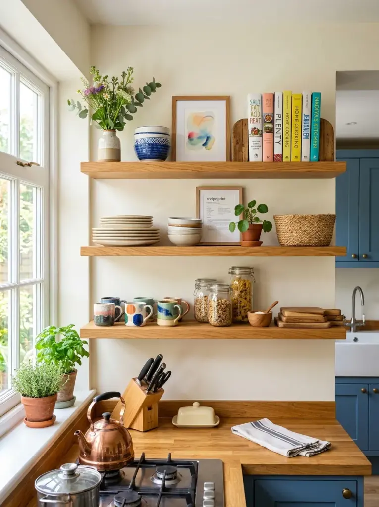 Authentic family kitchen with open floating shelves combining everyday plates, ceramic bowls, cookbooks, framed art, small vase and wooden accents, neatly made, beautifully arranged, organized, clean, bright natural light from adjacent window enhancing shelf styling, vibrant colors, realistic home interior, Pinterest-ready stock photography, ultra realistic, 8k