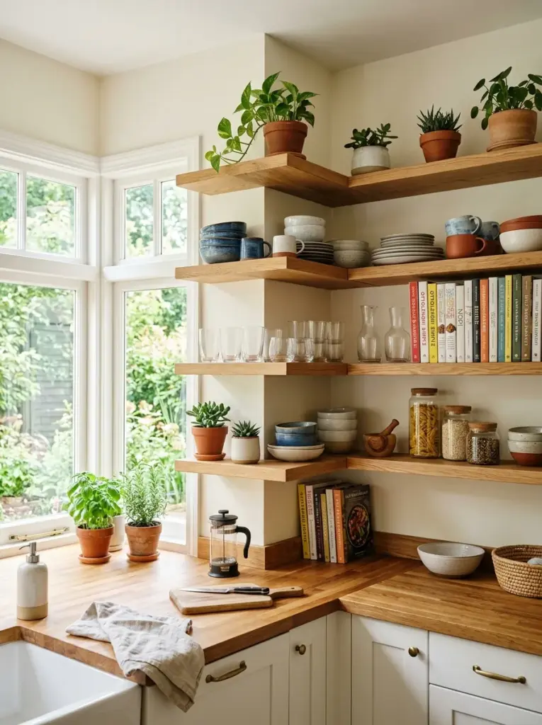 Photorealistic kitchen with floating wooden corner shelves wrapping around two connected walls, ceramic dishes, glassware, cookbooks and small plants, neatly made, beautifully arranged, organized, clean, bright natural light from nearby corner windows creating soft illumination, vibrant colors, authentic lived-in home, Pinterest-ready stock photography, ultra realistic, no people, 8k