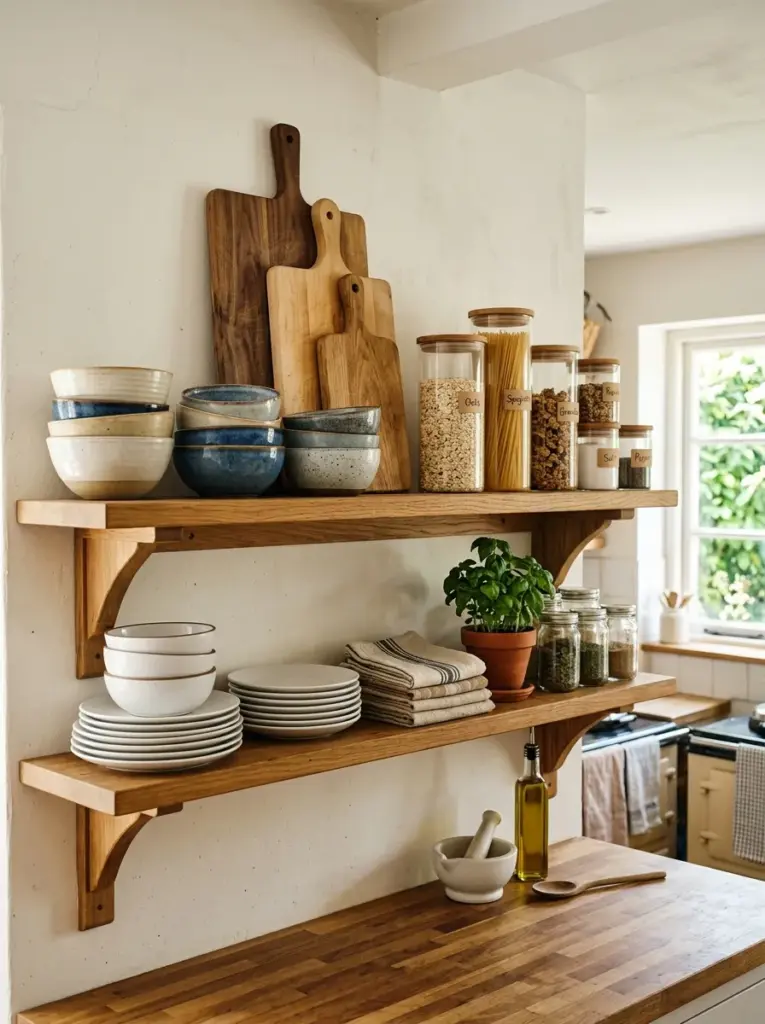 Real-life kitchen with open shelves displaying coordinated neutral ceramics, clear glassware, warm wooden accessories and subtle sage green accents, neatly made, beautifully arranged, organized, clean, bright natural light from large side window, vibrant yet balanced colors, Pinterest-inspired stock photography, ultra realistic, cozy family kitchen
