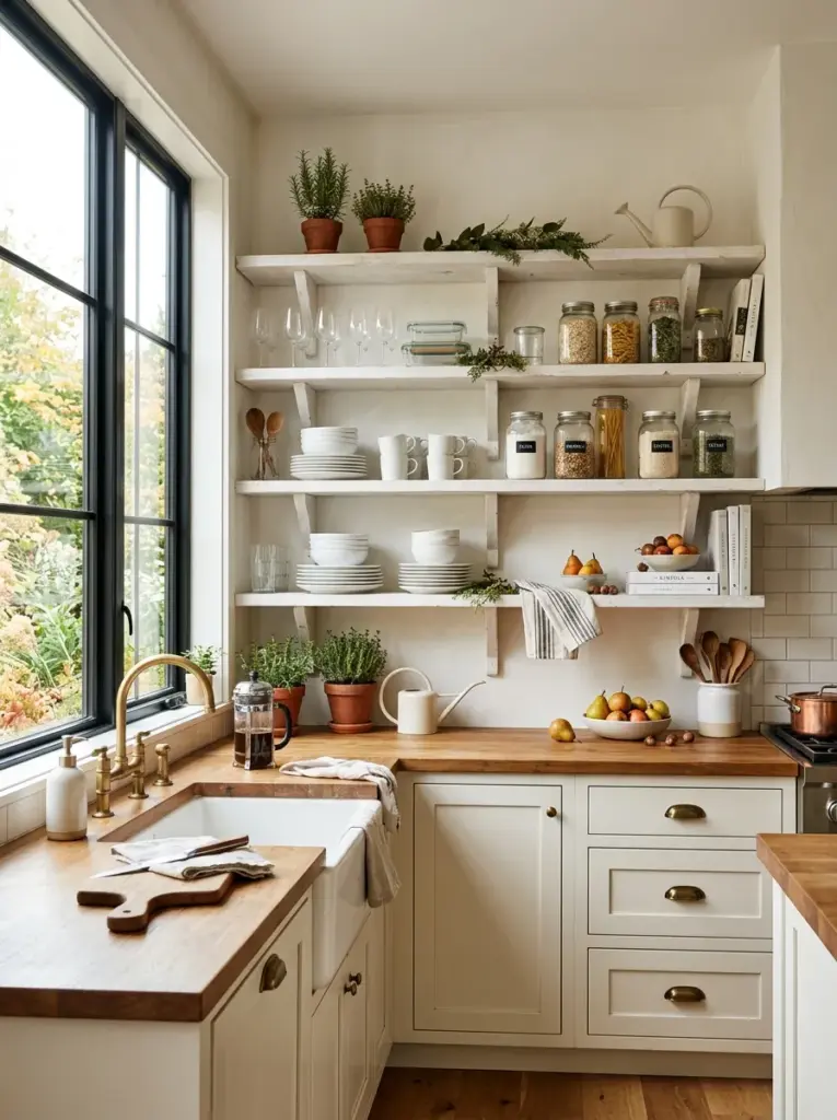Authentic home kitchen with open wooden shelves featuring upright cutting boards behind ceramic bowls, glass jars and white plates, neatly made, beautifully arranged, organized, clean, bright natural light entering from front window highlighting natural wood textures, vibrant colors, Pinterest-ready home photography, ultra realistic, high resolution