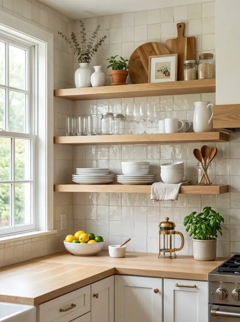 Photorealistic everyday kitchen with open shelves featuring white dishes, glass jars and subtle seasonal greenery accents, neatly made, beautifully arranged, organized, clean, bright natural light flowing from wide kitchen window, vibrant seasonal colors, authentic family home, Pinterest-style stock photography, ultra realistic, no people