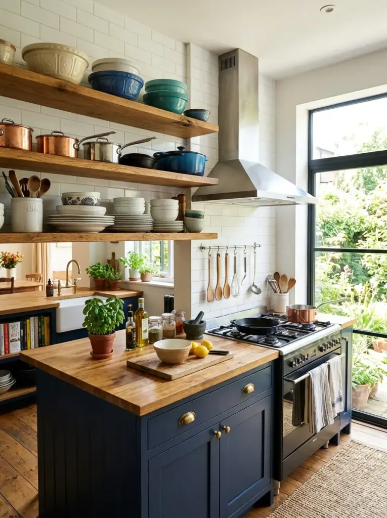 Beautiful real-life kitchen with open floating shelves mounted over a textured ceramic tile backsplash, white dishes, glassware and wooden accents, neatly made, beautifully arranged, organized, clean, bright natural light positioned from large side window emphasizing the backsplash texture and shelf styling, vibrant colors, Pinterest-ready stock photography, ultra realistic, 8k