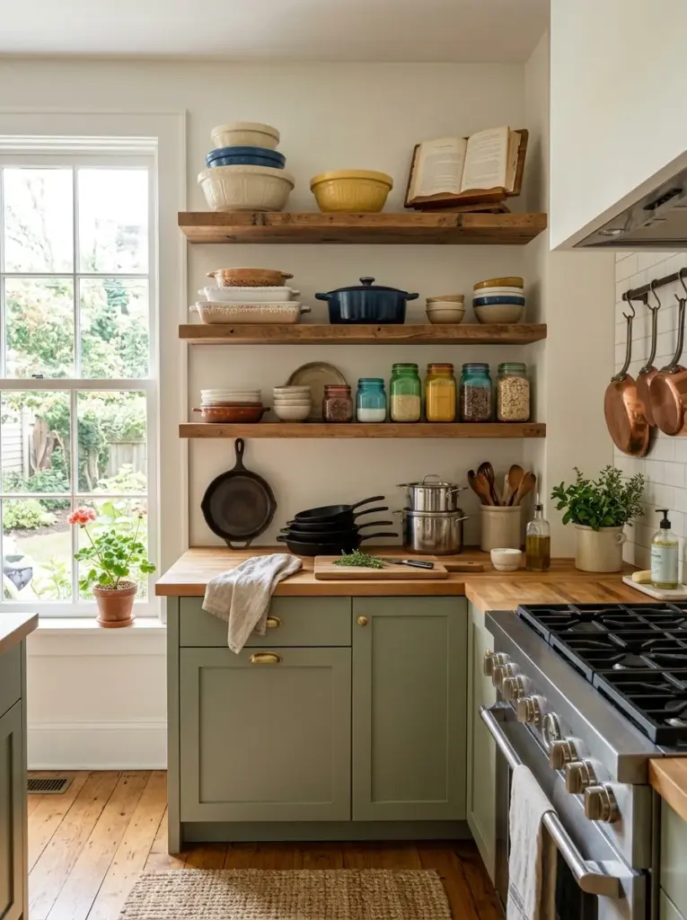 Photorealistic family kitchen with sturdy open wooden shelves holding neatly stacked mixing bowls, attractive cookware, everyday skillets and serving dishes near the cooking area, neatly made, beautifully arranged, organized, clean, bright natural light entering from a nearby side window, vibrant colors, authentic lived-in home, Pinterest-ready stock photography, ultra realistic, no people, 8k