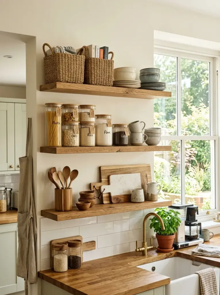 Real-life kitchen with open floating shelves featuring matching woven baskets beside ceramic dishes, glass jars and wooden accessories, neatly made, beautifully arranged, organized, clean, bright natural light from a large kitchen window, vibrant natural colors, Pinterest-inspired home photography, authentic everyday family kitchen, ultra realistic, high detail