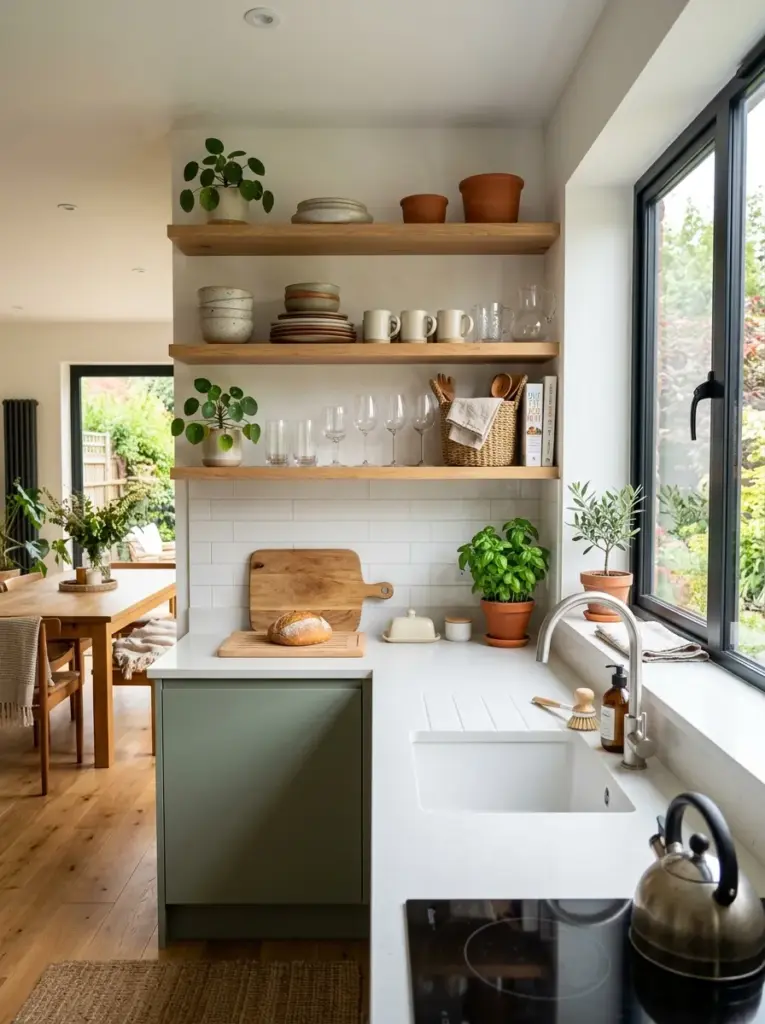 Authentic modern kitchen with open shelves styled using ceramic dishes, clear glassware, a small plant, woven texture and intentional empty space, neatly made, beautifully arranged, organized, clean, bright natural light streaming through a wide side window, vibrant colors, realistic family home, Pinterest-ready stock photography, ultra realistic, 8k