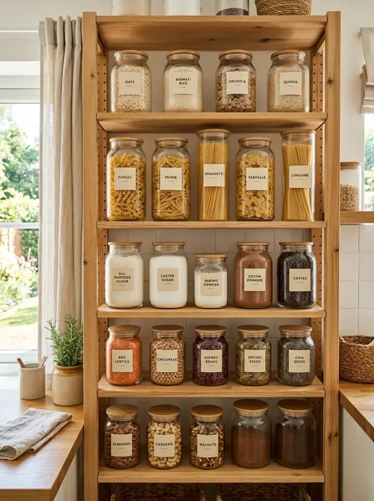Beautiful real kitchen pantry shelves filled with matching clear glass jars containing pasta, flour, oats, rice and coffee, simple labels, wooden shelves, neatly made, beautifully arranged, organized, clean, bright natural light from front-facing window, vibrant warm tones, realistic family kitchen, Pinterest aesthetic, stock photography, ultra realistic