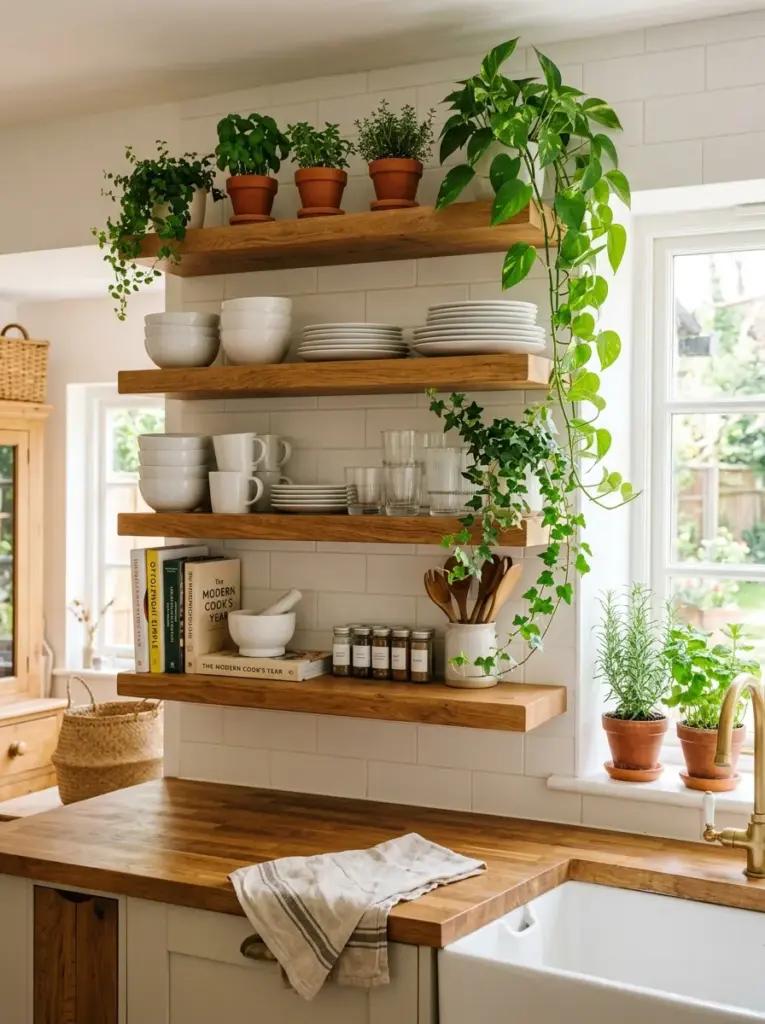 Authentic kitchen with floating wooden shelves featuring white dishes, clear glasses, small herb pots and trailing houseplants, neatly made, beautifully arranged, organized, clean, bright natural light positioned from nearby window highlighting the plants and shelves, vibrant green foliage, Pinterest-ready home photography, ultra realistic, cozy atmosphere