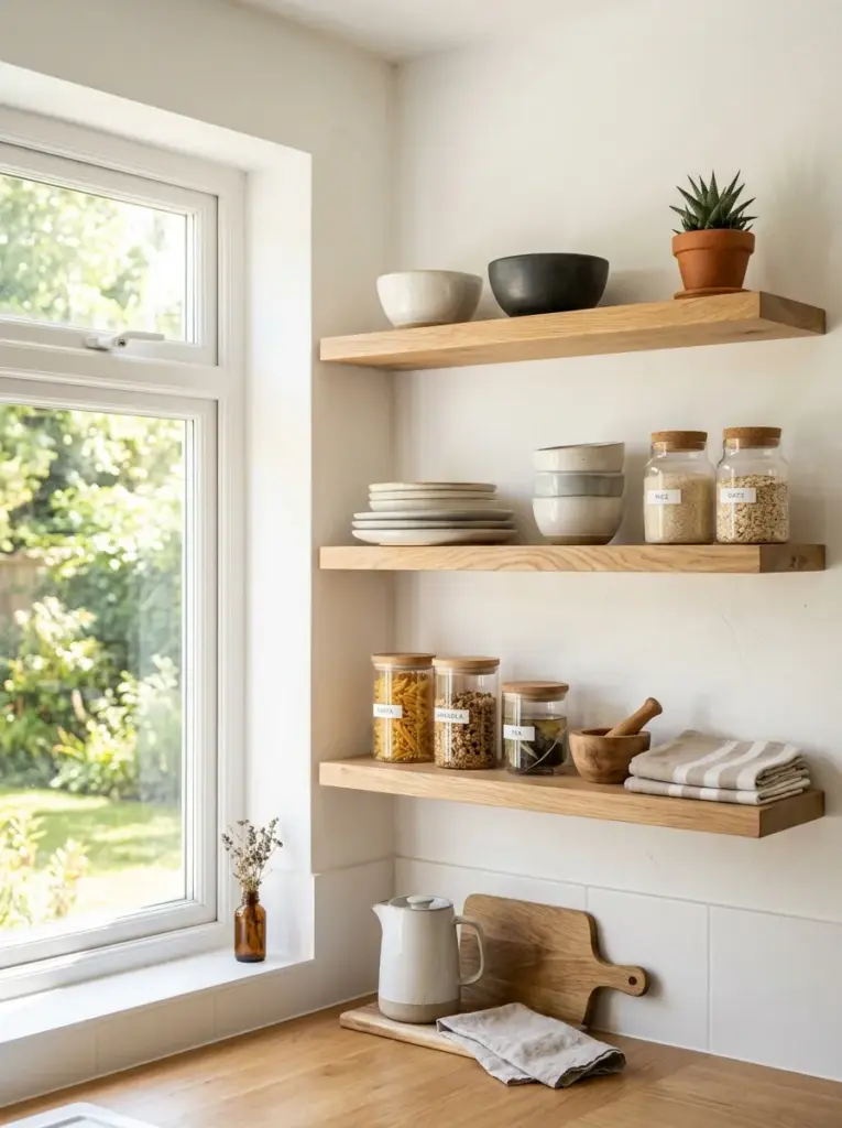 Minimalist real-life kitchen featuring open floating shelves with intentional empty space, ceramic bowls, stacked plates, glass jars and subtle decor, neatly made, beautifully arranged, organized, clean, bright natural light streaming across shelves from large side window, vibrant yet natural colors, Pinterest-inspired stock photography, ultra realistic, high resolution