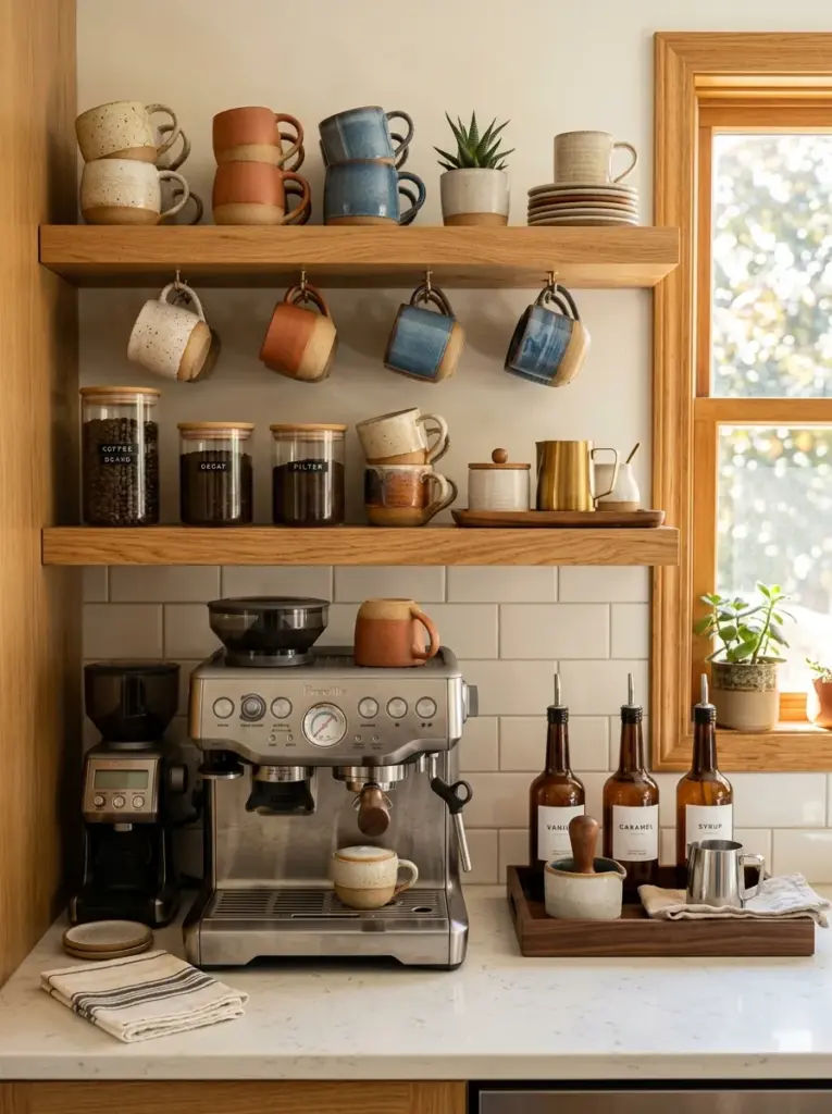 Photorealistic home kitchen coffee station with open wooden shelves above espresso machine, ceramic mugs, glass coffee bean jars, syrup bottles, small tray, neatly made, beautifully arranged, organized, clean, bright natural light from nearby side window illuminating the shelves, vibrant warm colors, authentic everyday family kitchen, Pinterest-ready stock photography, ultra realistic, no people, 8k
