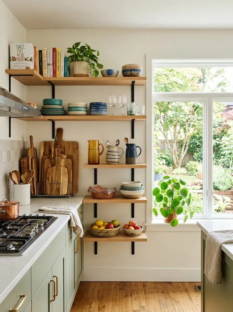Real-life modern kitchen featuring open shelving with varied shelf heights, tall pitchers, wooden cutting boards, stacked plates, glassware and serving bowls, neatly made, beautifully arranged, organized, clean, bright natural light entering from wide kitchen window, vibrant colors, realistic family home, Pinterest aesthetic, professional stock photography, ultra realistic