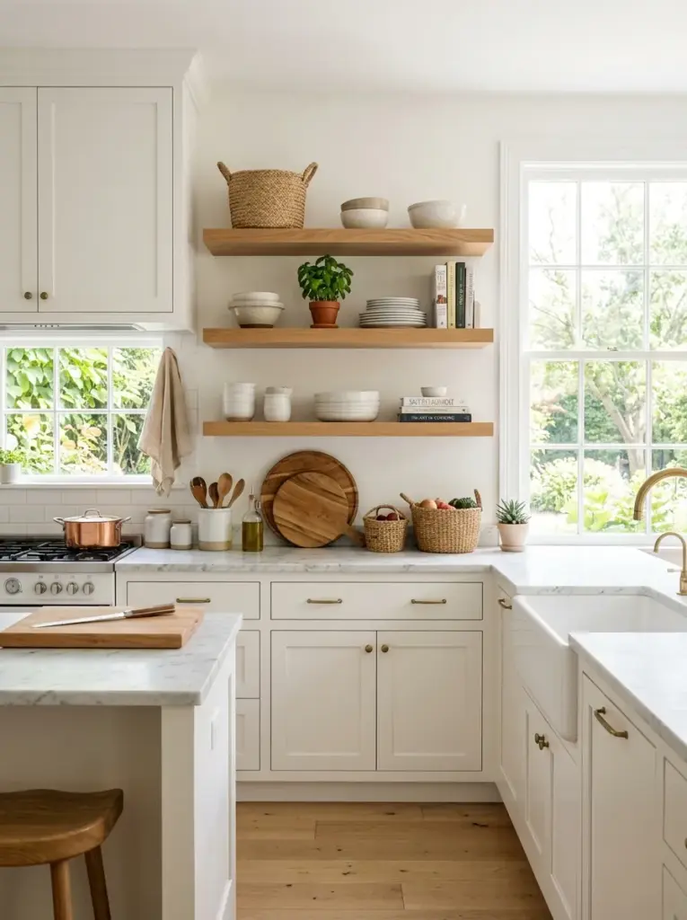 Bright white kitchen with warm natural oak floating shelves, white cabinetry, marble countertop, wooden cutting boards and woven baskets, neatly made, beautifully arranged, organized, clean, bright natural light pouring through large front window, vibrant natural tones, authentic lived-in home, Pinterest-ready stock photography, ultra realistic, high detail
