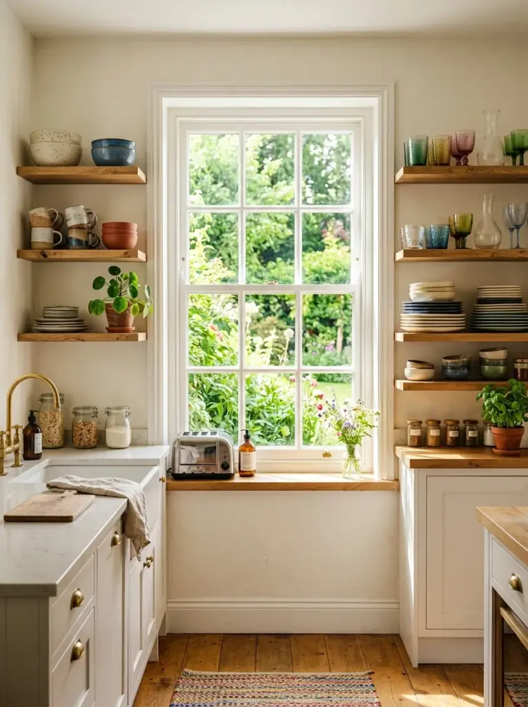 Photorealistic kitchen with open shelves installed on both sides of a large window, ceramic dishes, glassware, small plants and bowls, neatly made, beautifully arranged, organized, clean, bright natural light streaming directly through the centered window creating soft highlights on the shelves, vibrant colors, Pinterest-style home photography, ultra realistic