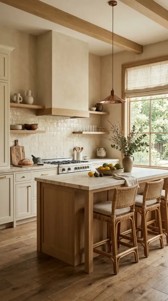 A stylish modern kitchen featuring floating white oak shelves instead of upper cabinets, creamy slab base cabinets, white quartz countertops, handmade ceramic dishes, glass jars, small potted herbs, textured white tile backsplash, warm sunlight streaming through large windows, relaxed yet refined editorial photography, photorealistic, balanced composition, no people.