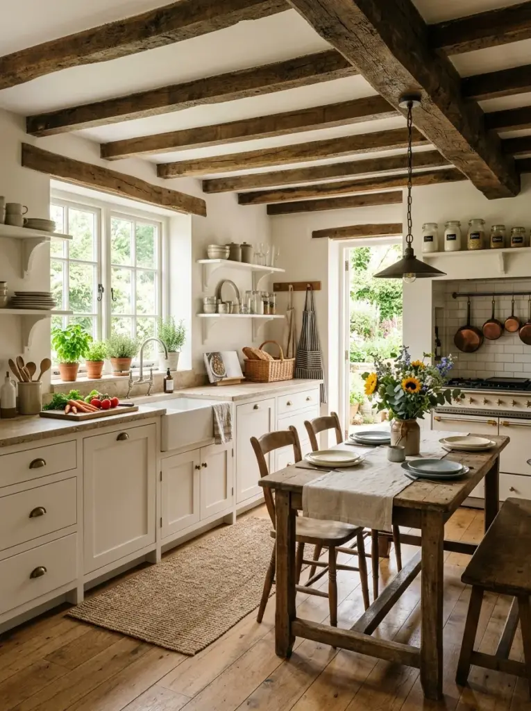 Real-life rustic family kitchen with reclaimed wood ceiling beams, white shaker cabinets, natural oak floor, stone countertop, vintage wooden dining table, neatly made, beautifully arranged, organized, clean, bright natural light streaming from large side windows, warm earthy tones, vibrant colors, authentic farmhouse atmosphere, lifestyle photography, ultra realistic, Pinterest-ready, high-end stock photo, 8k