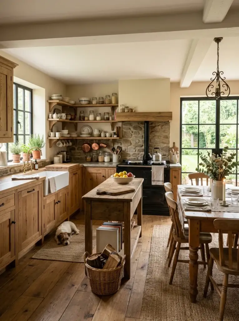 Authentic rustic kitchen with warm neutral painted walls, reclaimed wood cabinets, natural stone accents, vintage dining furniture, neatly made, beautifully arranged, organized, clean, bright natural light reflecting across the walls from large windows, vibrant earthy colors, realistic family home, lifestyle photography, Pinterest-ready, ultra detailed stock photo, 8k