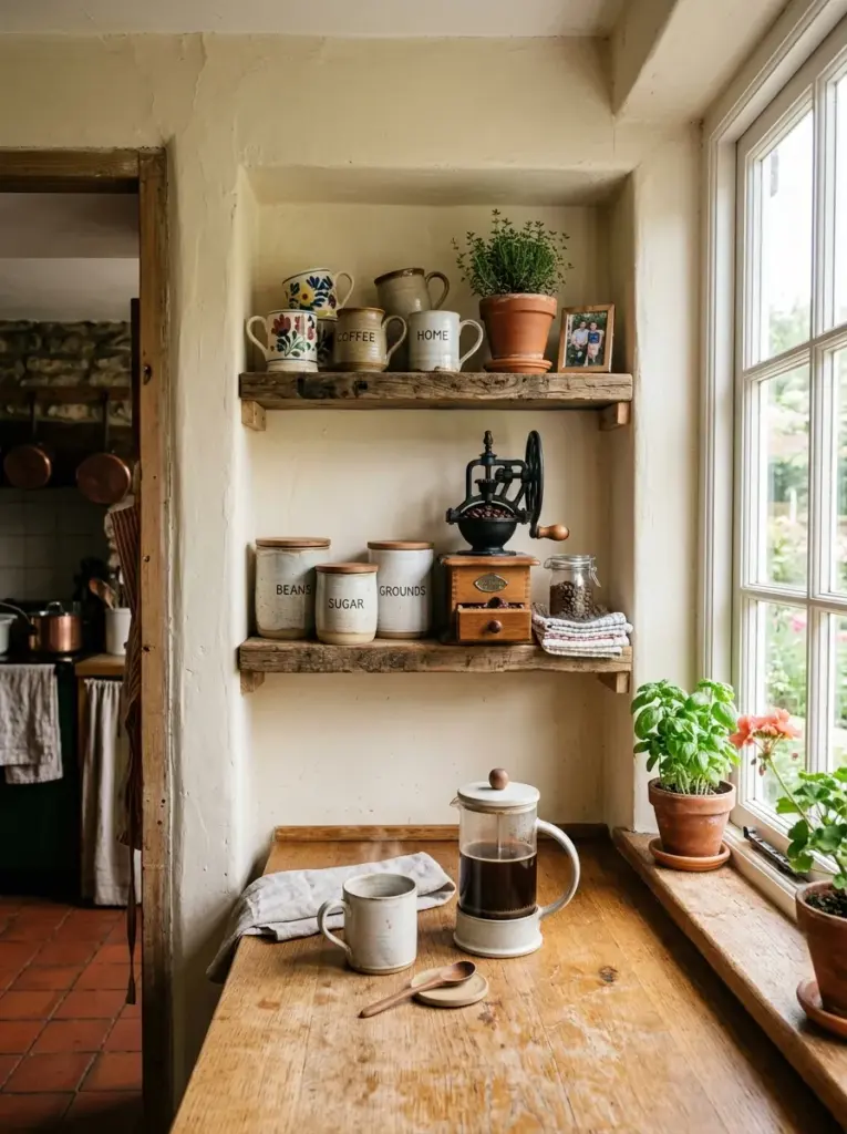 Real-life rustic kitchen with a cozy coffee corner inside a small wall niche, reclaimed wood shelves, vintage mugs, ceramic canisters, manual coffee grinder, neatly made, beautifully arranged, organized, clean, bright natural light from a nearby side window, vibrant warm colors, authentic family home, lifestyle photography, ultra realistic, Pinterest-ready, premium stock photo, 8k